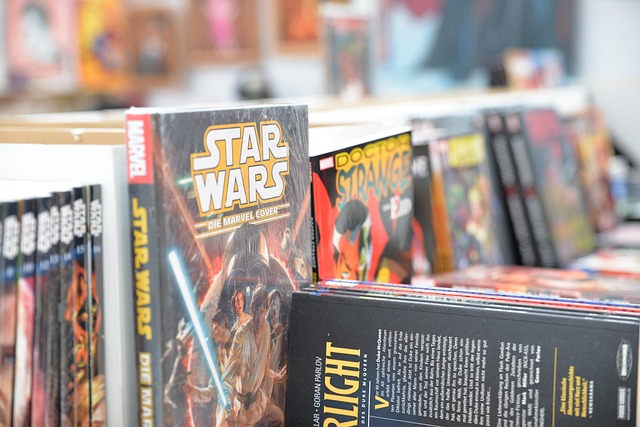 close up of a store shelf llined with star wars comics